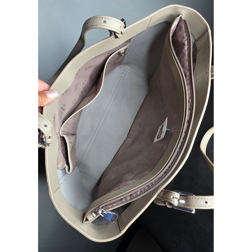 Tory Burch Emerson Saffiano Leather Tote Bag Beige Shoulder Bag Silver Hardware - Picture 4 of 8
